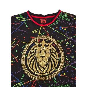 Red Ape Lion Graphic T-Shirt Mens 2XL Black Multi Paint Splatter Excellent Short